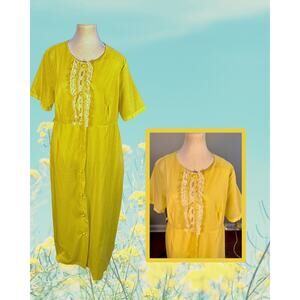 Vintage 70s Deadstock Country Yellow White Swiss Dot Cotton House Dress XL